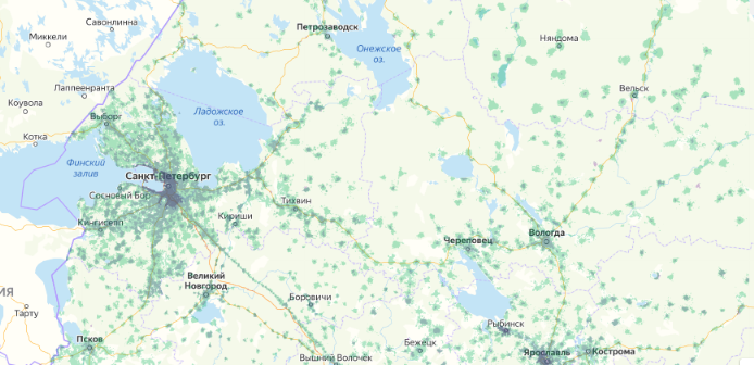 Зона покрытия МТС на карте Владикавказ 